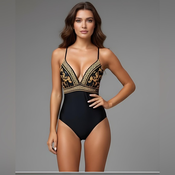 One-Piece Swimsuit Bathing Suit With Wrap Gold/Black - Picture 2 of 8